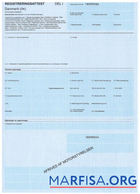 Realistic Denmark vehicle registration certificate example